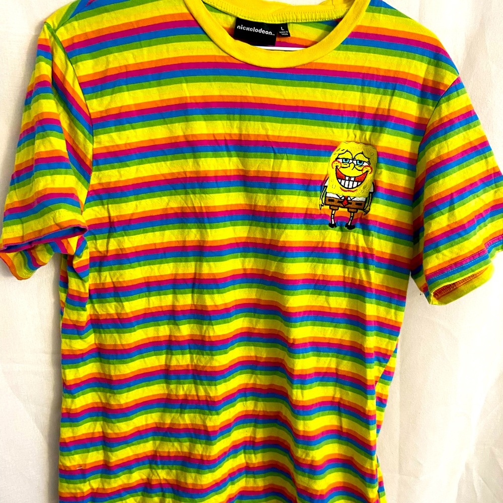 Nickelodeon rainbow stripe sponge job shirt size L